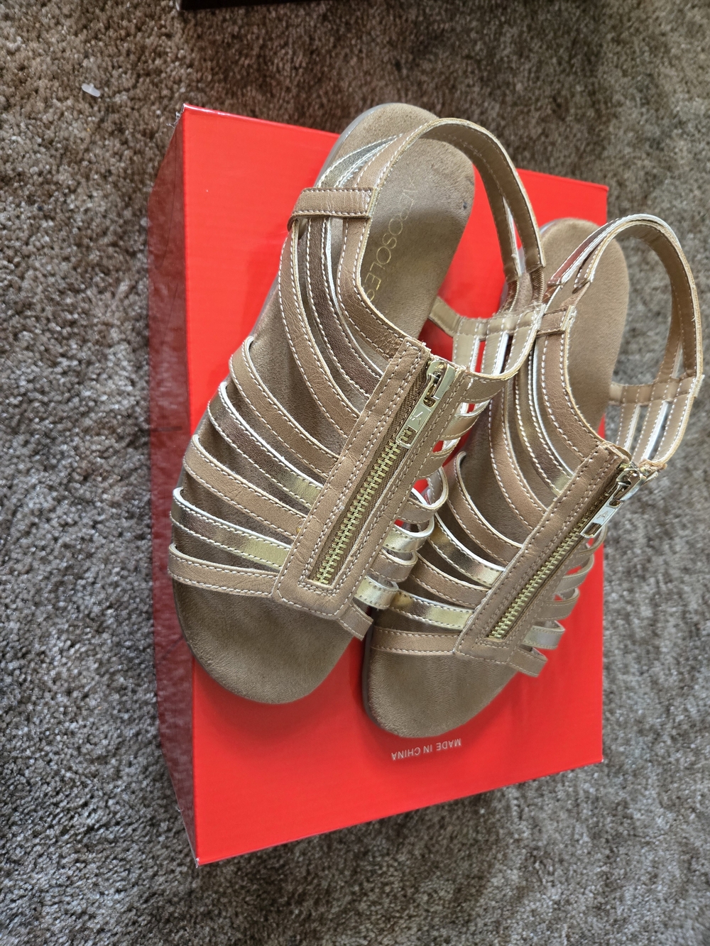 AEROSOLES Tan Strappy Sandals with Gold Zipper Detail